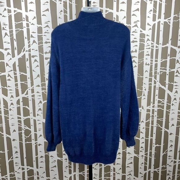 Navy Blue Fuzzy Soft Knit Oversized Mock Neck Sweater sz M - Picture 3 of 10